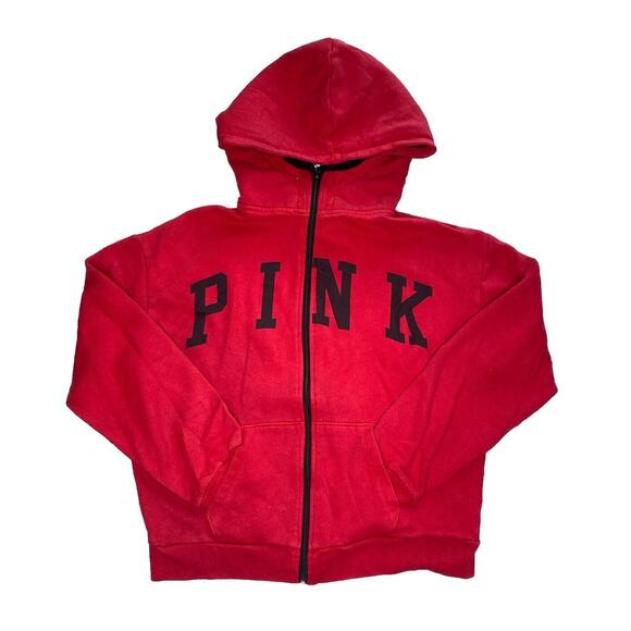 Victoria’s Secret PINK Red Full Zip Hoodie size Medium Black Logo Sweater Sherpa - Picture 1 of 4